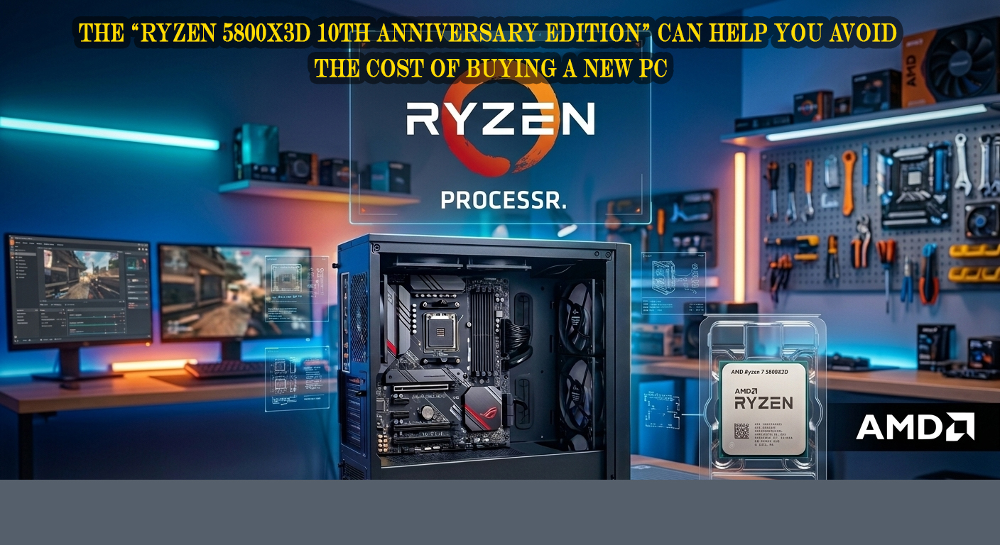 The Ryzen 5800X3D 10th Anniversary Edition processor installed on the motherboard, which is a symbol of saving the cost of PC upgrades