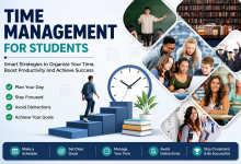 A student planning a study schedule with books, a clock, and classmates to improve time management skills and academic productivity.