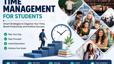 A student planning a study schedule with books, a clock, and classmates to improve time management skills and academic productivity.