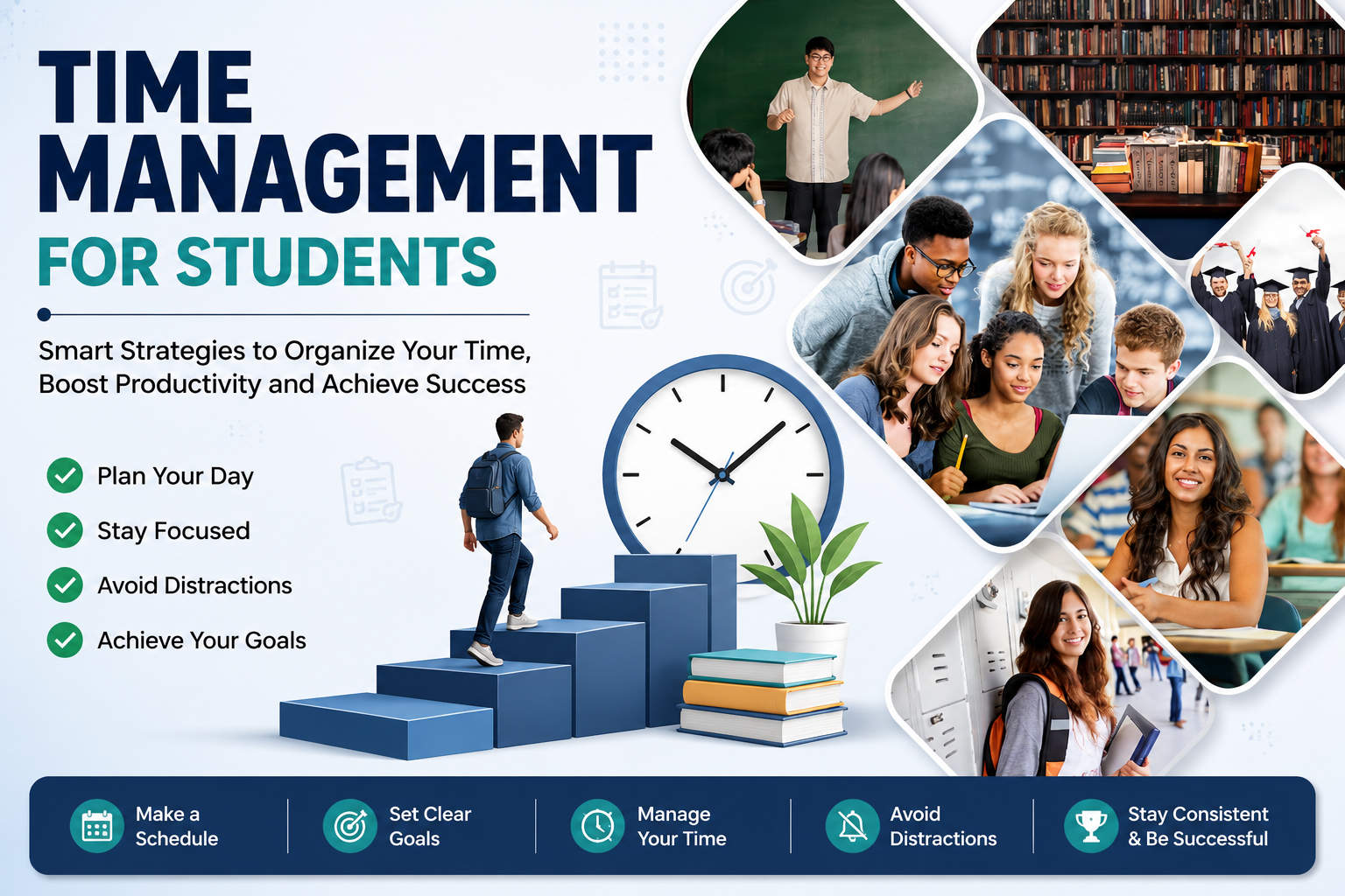 A student planning a study schedule with books, a clock, and classmates to improve time management skills and academic productivity.