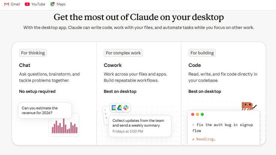 Claude official homepage showing the AI platform interface