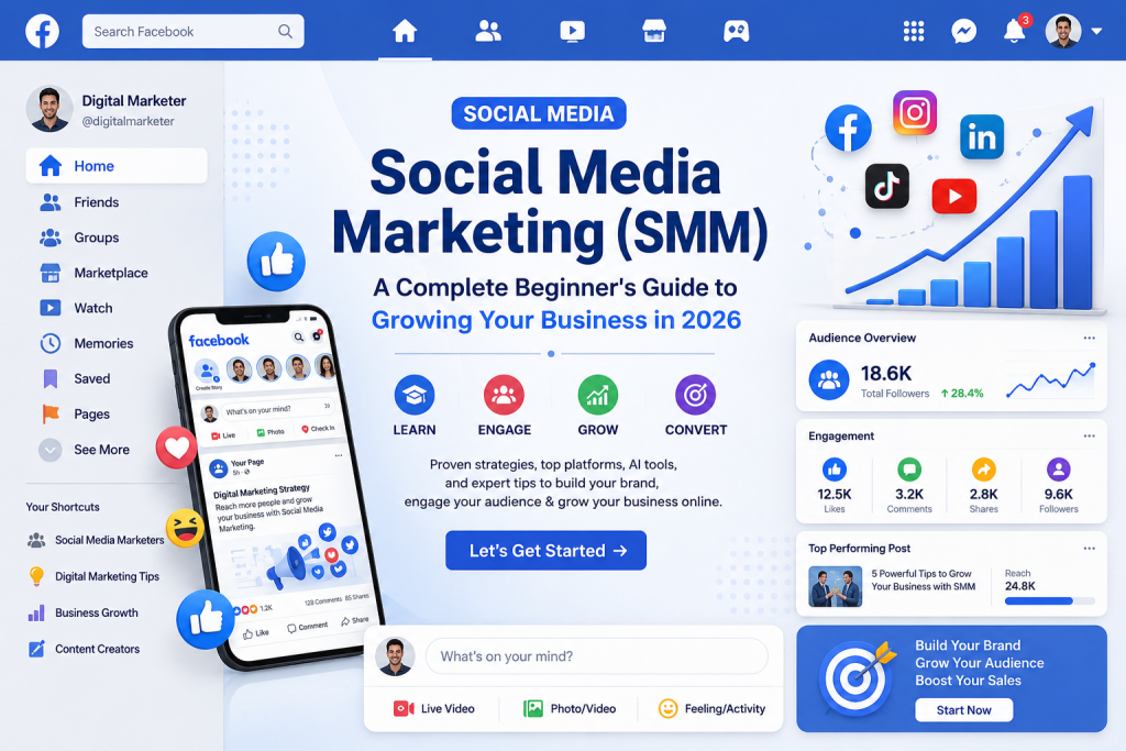 Social Media Marketing illustration showing social media strategy, content marketing, audience engagement, and business growth in 2026.
