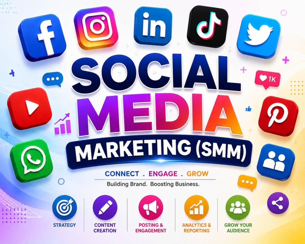 Social Media Marketing (SMM) illustration showing digital marketing strategy, social media platforms, audience engagement, AI-powered content creation, and online business growth in 2026.