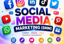 Social Media Marketing (SMM) illustration showing content creation, social media platforms, audience engagement, AI-powered marketing, and online business growth in 2026.