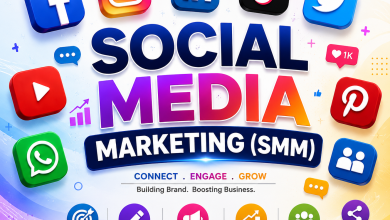 Social Media Marketing (SMM) illustration showing content creation, social media platforms, audience engagement, AI-powered marketing, and online business growth in 2026.