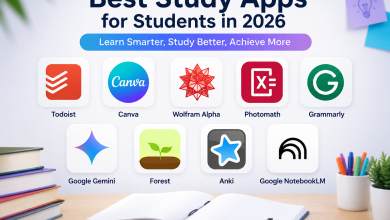 14 Best Study Apps for Students in 2026 featuring ChatGPT, Google NotebookLM, Canva, Google Gemini, Grammarly, Todoist, Anki, Forest, Photomath, and Wolfram Alpha.