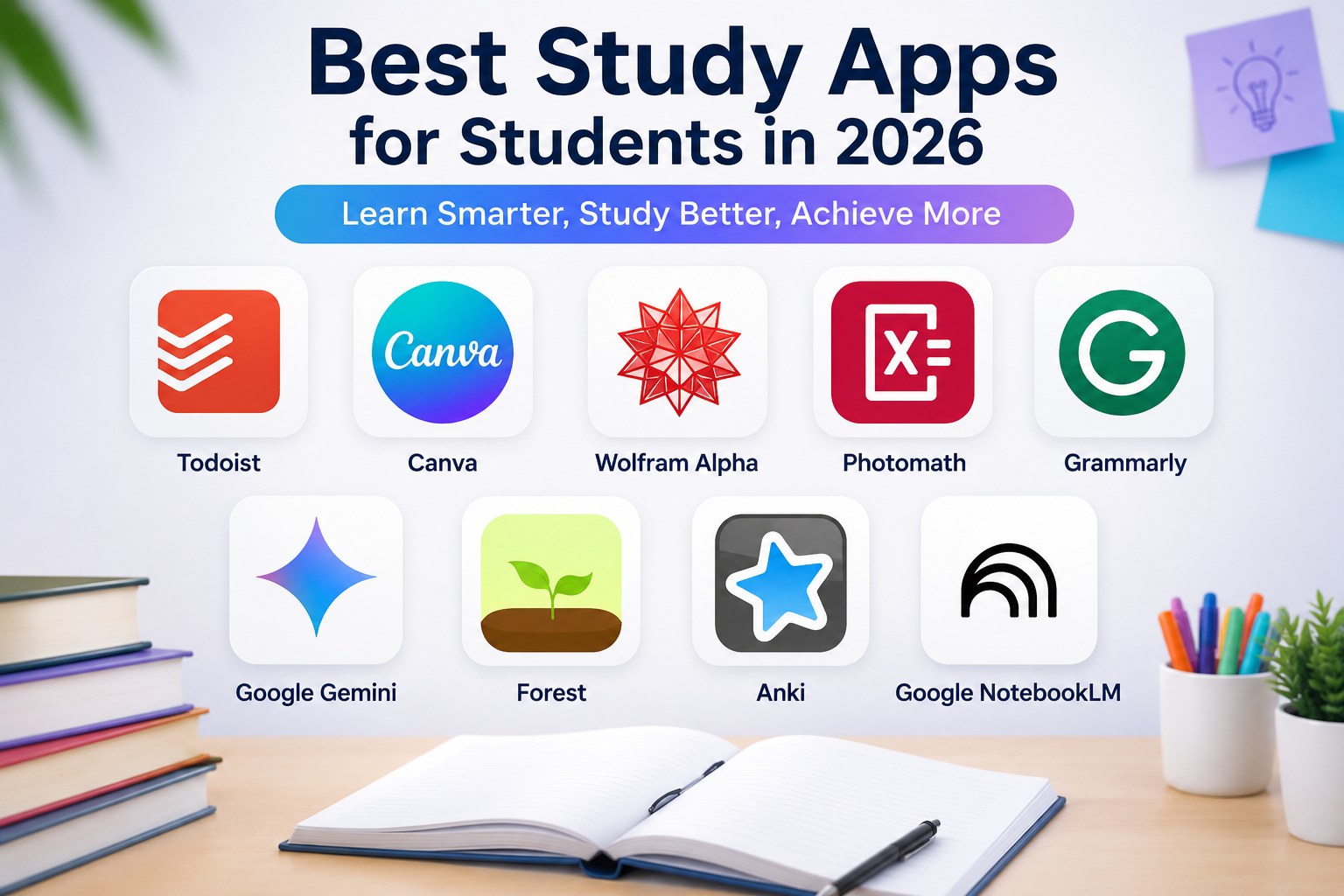 14 Best Study Apps for Students in 2026 featuring ChatGPT, Google NotebookLM, Canva, Google Gemini, Grammarly, Todoist, Anki, Forest, Photomath, and Wolfram Alpha.
