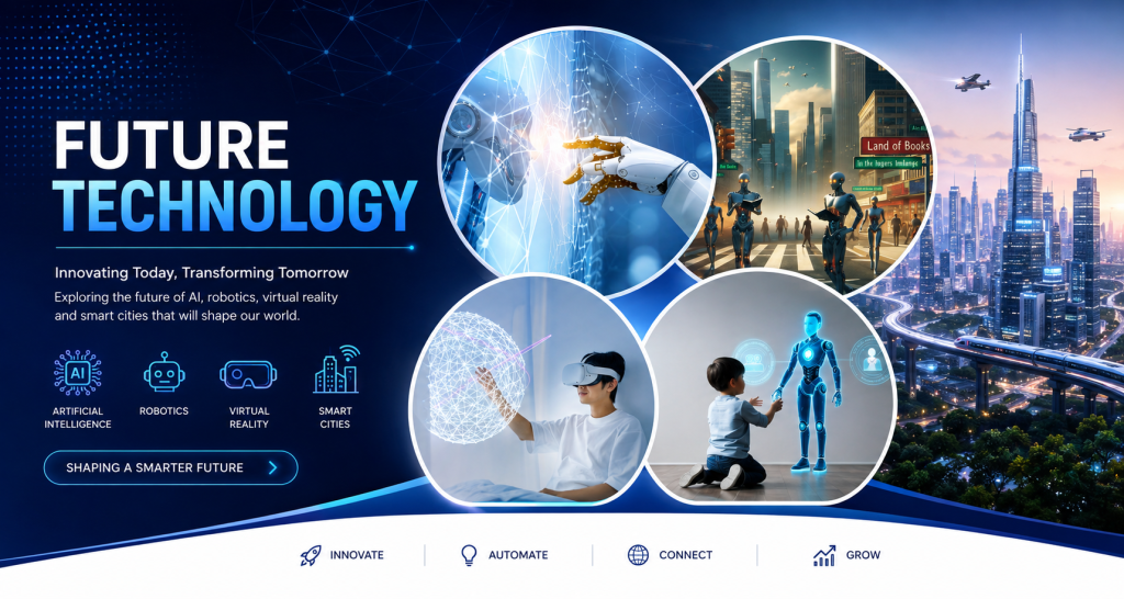 Future technology in 2026 featuring AI ,robotics, quantum computing and emerging innovations