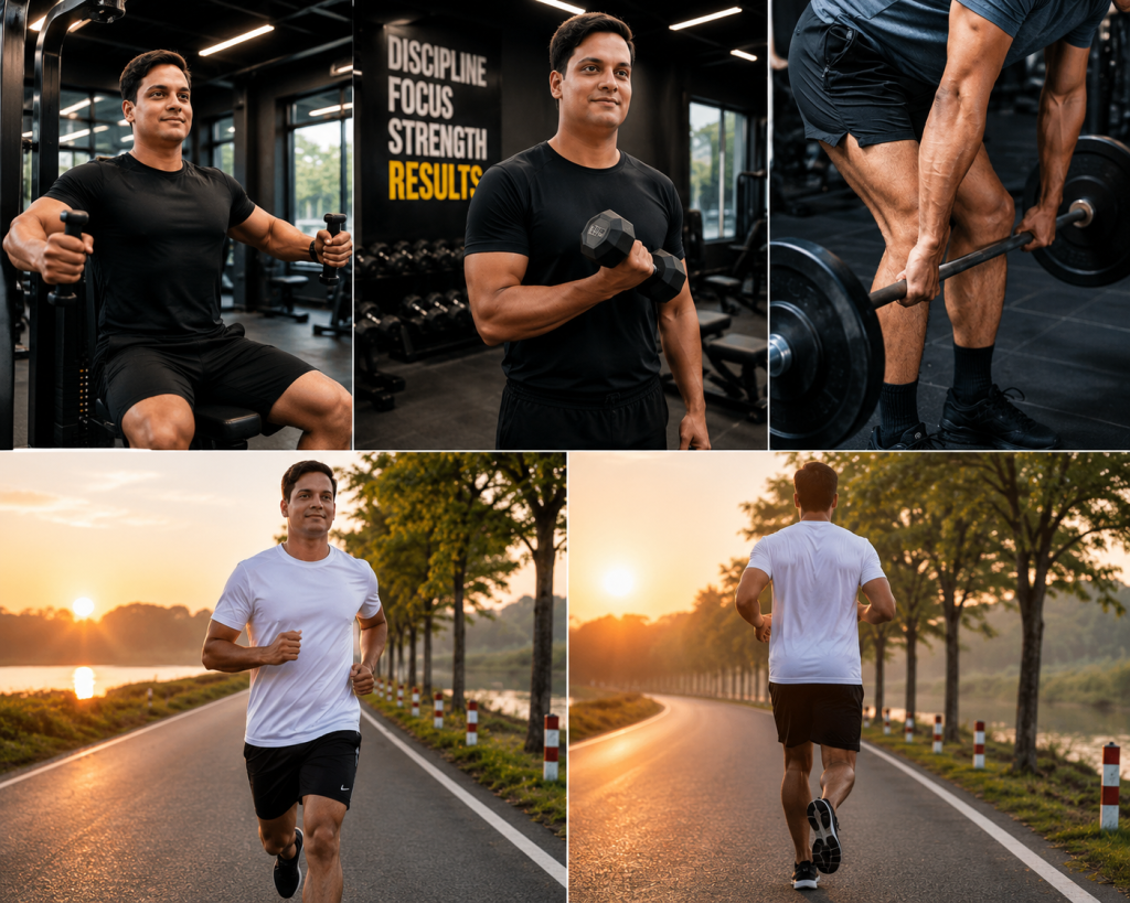 Healthy lifestyle tips 2026 with gym workout and outdoor running
