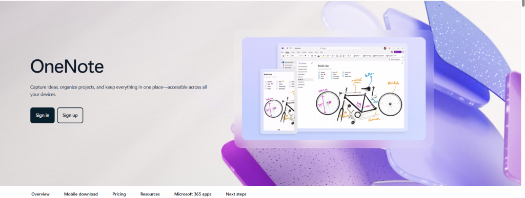 Microsoft OneNote homepage banner featuring digital notebooks for students and professionals