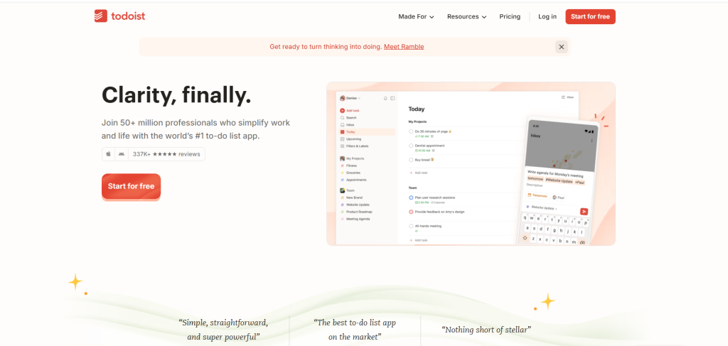 Todoist homepage banner featuring task management and study planning for students