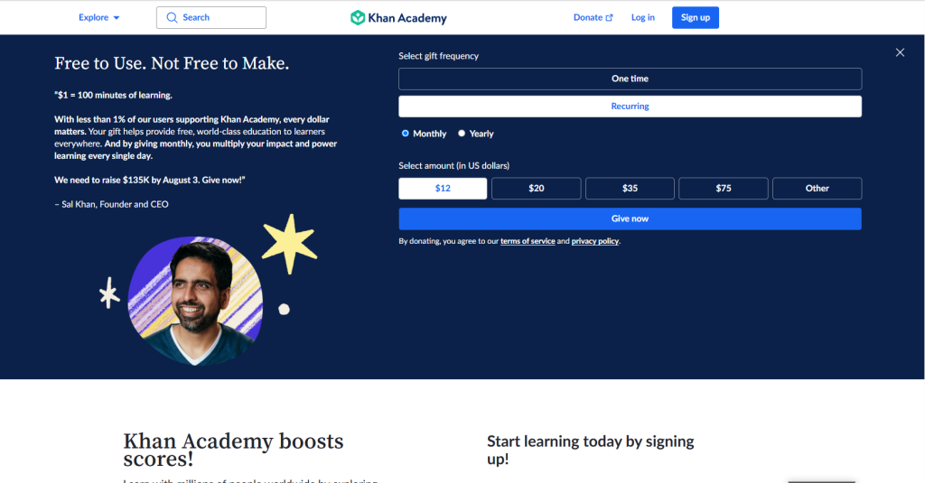 Khan Academy homepage featuring free online courses for students and lifelong learners