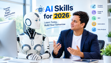 AI skills for 2026 including digital marketing, graphic design, content writing, data analysis, and web development