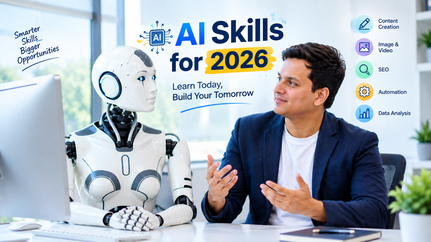 AI skills for 2026 including digital marketing, graphic design, content writing, data analysis, and web development